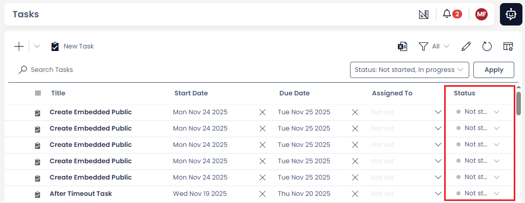 Tasks only showing the selected status
